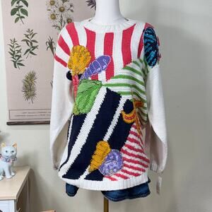 Vintage 90s Beaded Embellished Shell Pullover Sweater Coastal Grandma Beach M